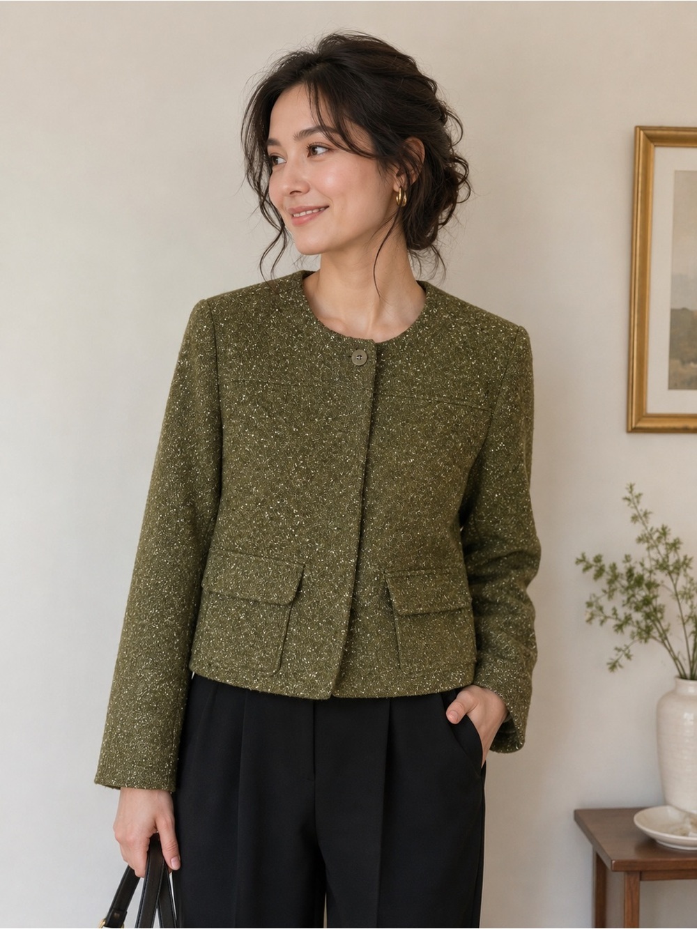 A New Day Olive Green Metallic Tweed Cropped Jacket Size 14 NWT